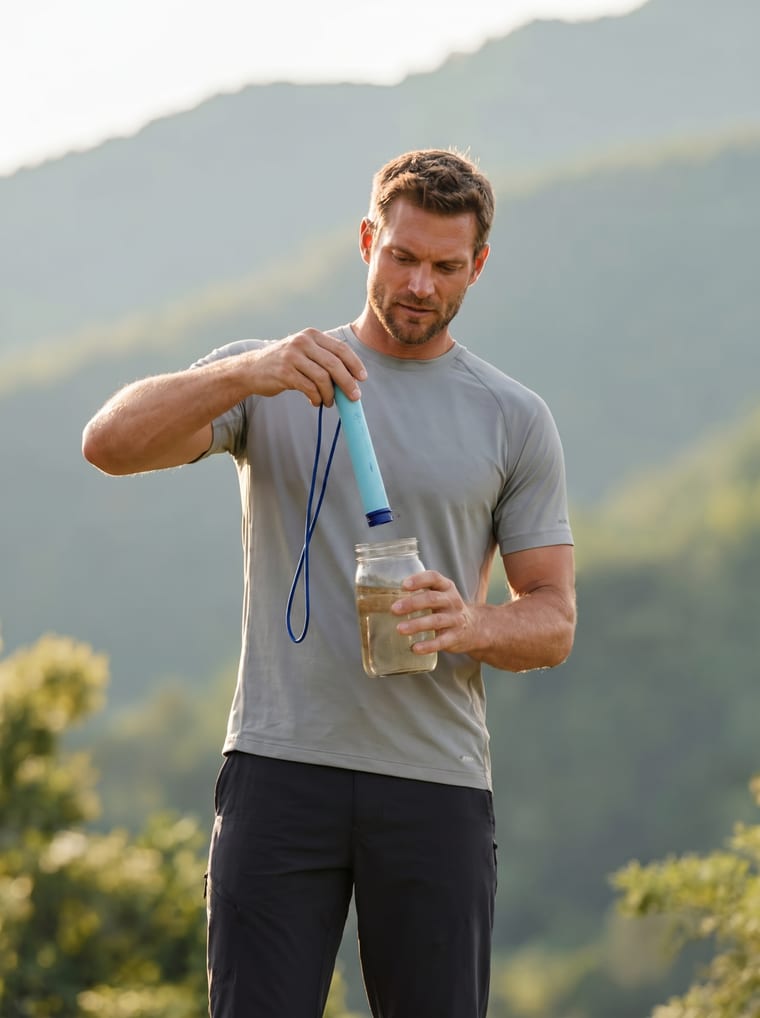 Hiker drinking easily through the straw filter