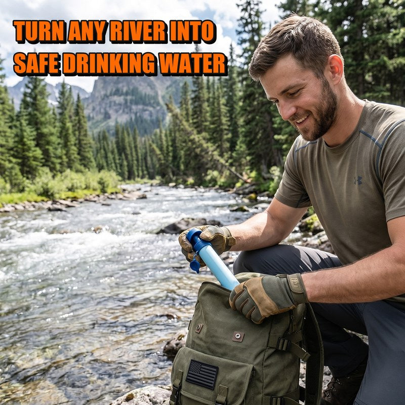 Hiker packing the water filter into his backpack by a mountain stream