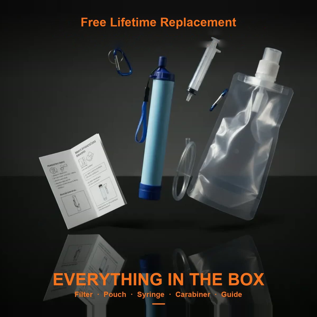 Complete Clarity Core water filter kit components - straw filter, syringe, collapsible pouch, carabiner and manual