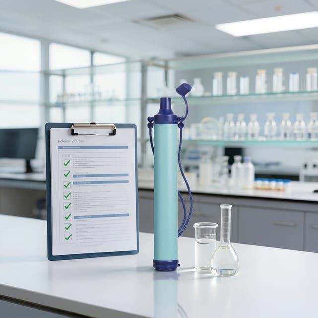 Lab water-quality test report next to the filter