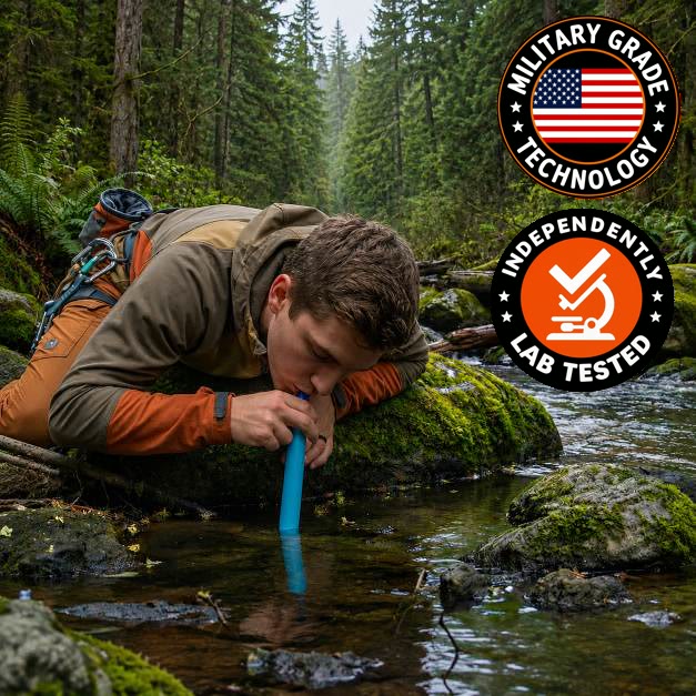 Man drinking from a Clarity Core water filter at a mountain stream - military grade, independently lab tested